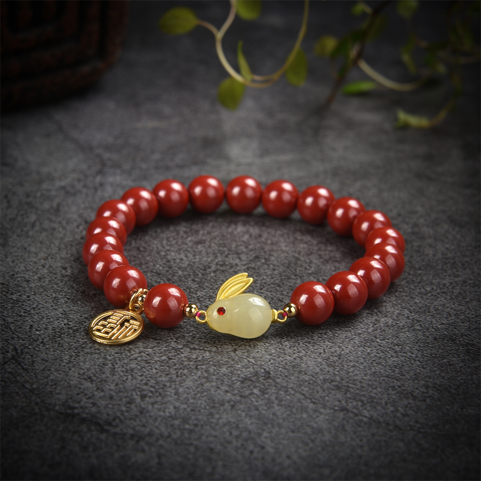 含辰砂工艺品（桃）玉兔纳福朱砂手链