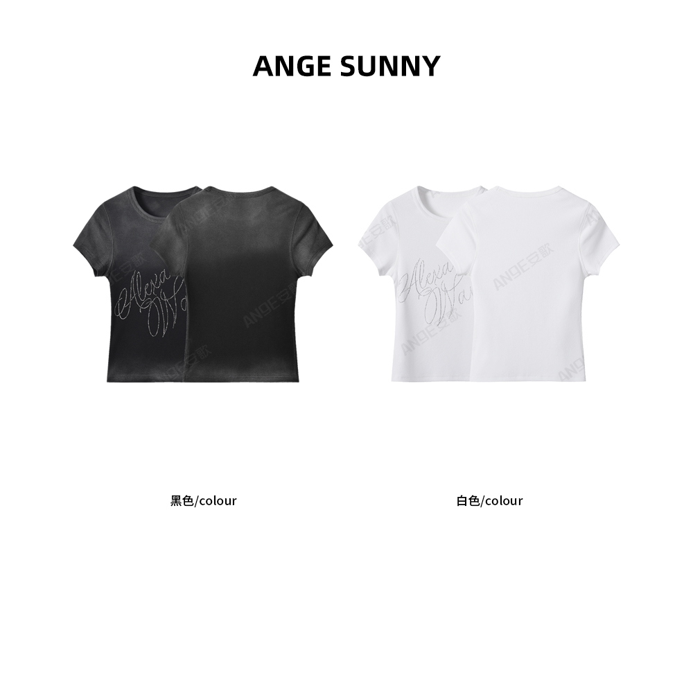 ANGE SUNNY【刘浩存同款 钻饰字母T恤】时尚字母烫钻设计休闲上衣