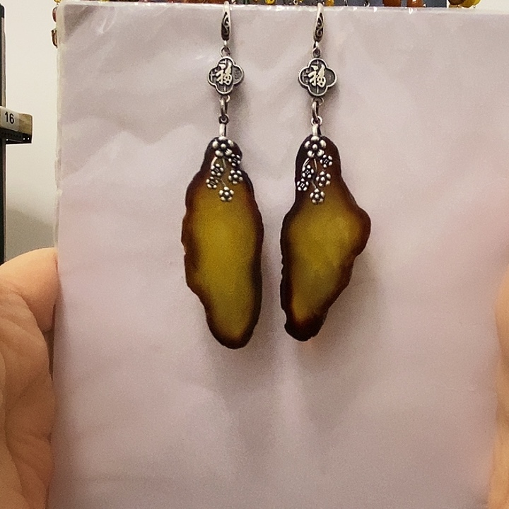 放***。蜜蜡银S925镶嵌耳饰蜜蜡