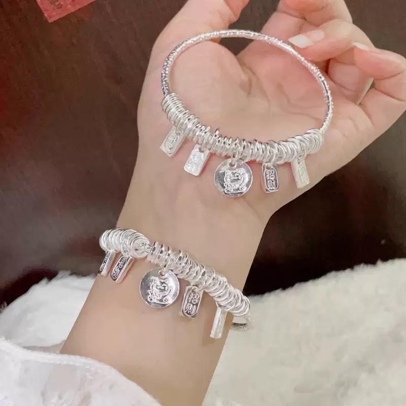 足银银制品 F02招财猫盘缠手镯闭口款