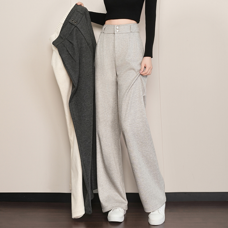 秋冬新款爆款人字纹羊  绒毛呢高腰显瘦窄版直筒裤时尚百搭阔腿裤