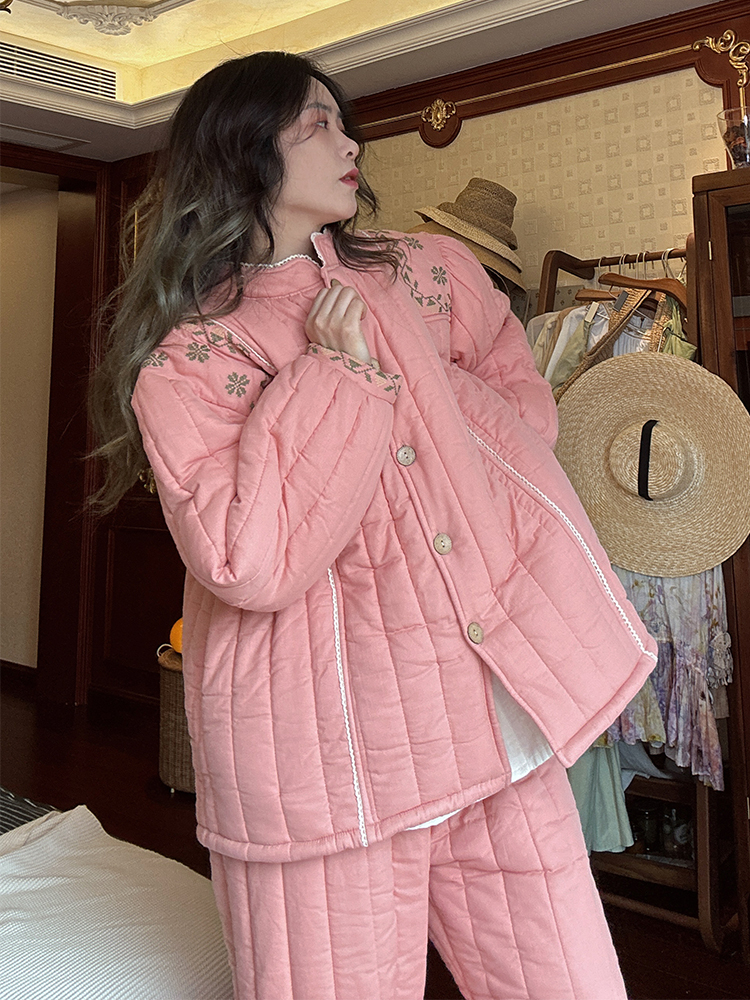 法式复古花卉夹棉睡衣女款冬季慵懒舒适加厚保暖家居服套装可外穿
