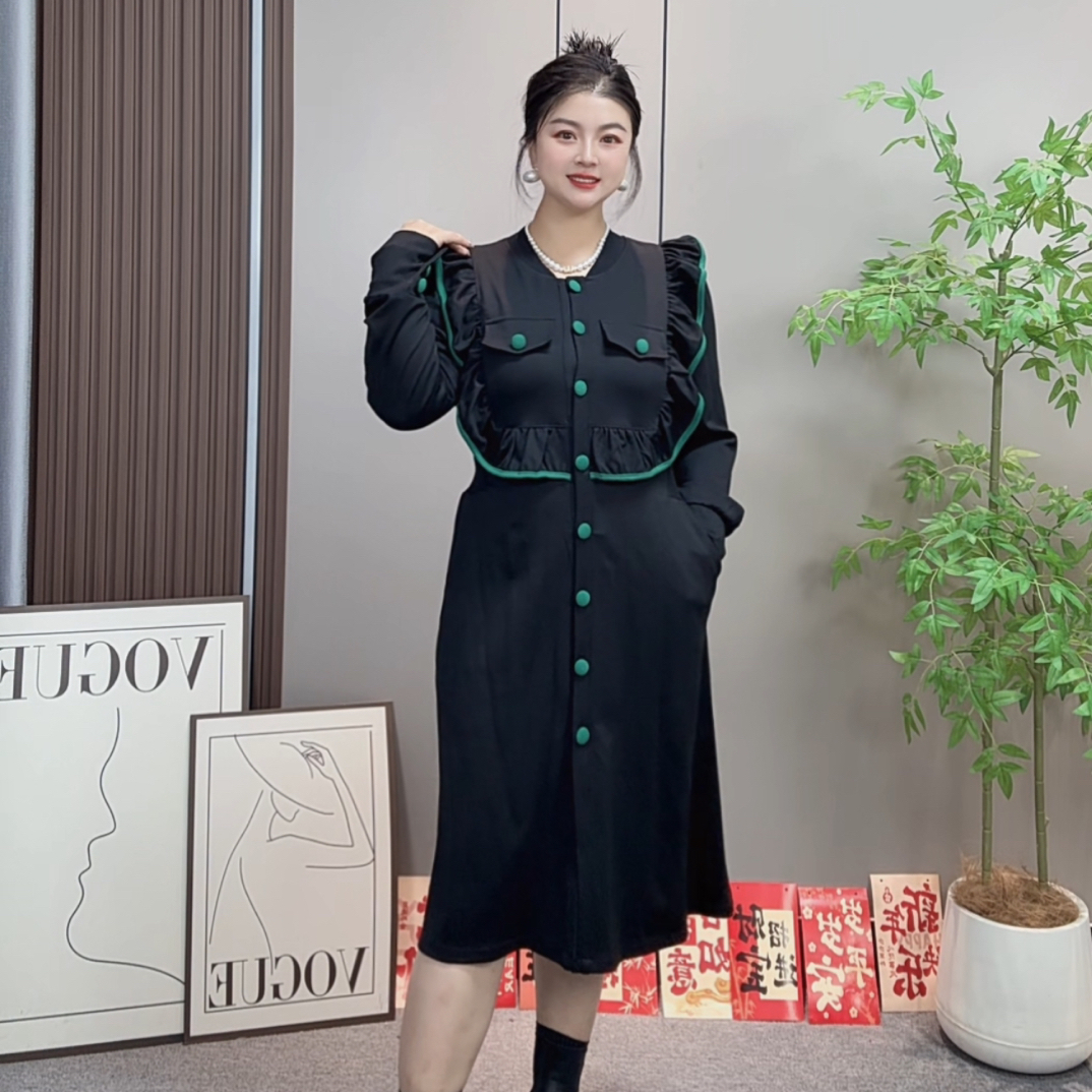 佳奇家法式赫本风黑色荷叶边拼接长袖显瘦气质秋季大码连衣裙