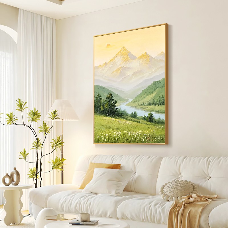 纯手绘油画高山流水聚宝盆客厅沙发背景墙挂画玄关奶油风装饰画