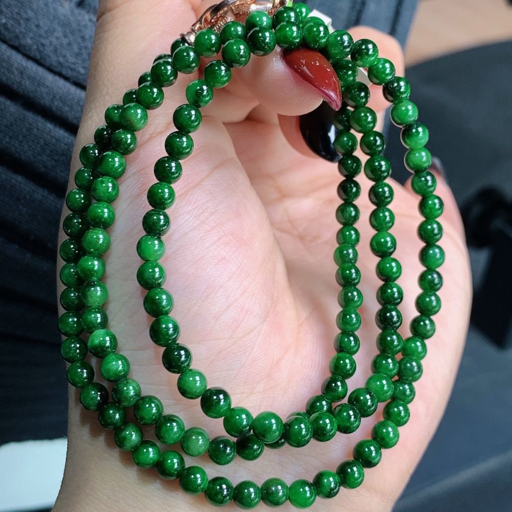 天然缅甸A货翡翠玉石珠宝辣阳绿浓郁圆珠塔珠项链j尺寸3.8-4.3mm