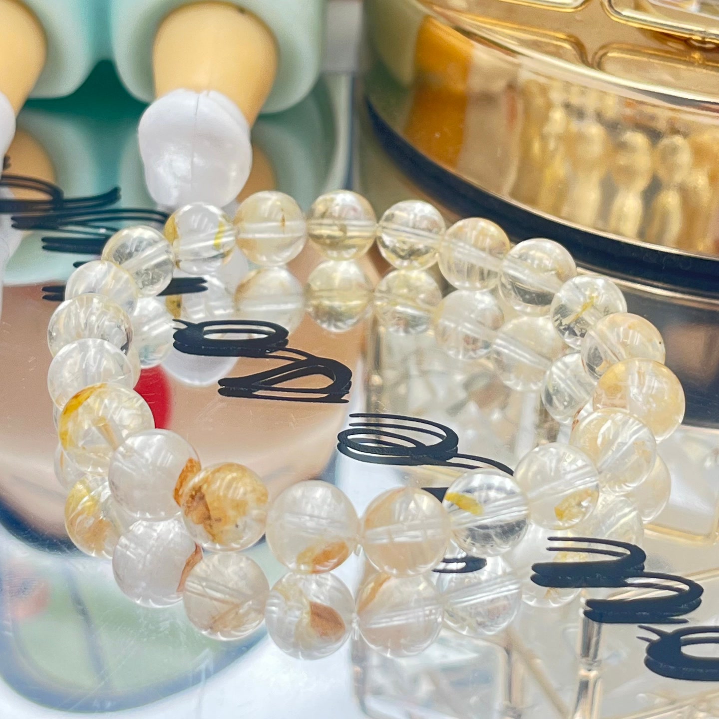 铜合金亚克力手链 旺才招米米天然黄胶花卡8mm金霸手串 铜合金配