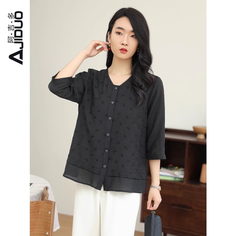阿吉多A31153黑色刺绣衬衫女春夏季新款提花气质小衫V领大码上衣