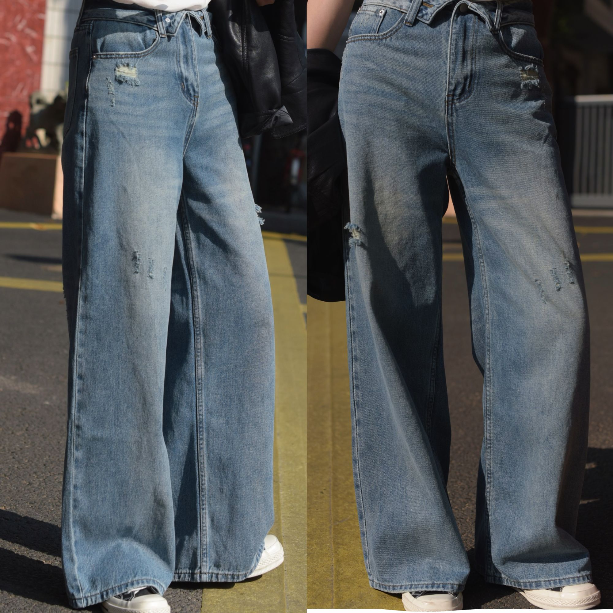 【秀秀新品3】早春小个子必备超软薄翻腰边直筒牛仔裤百搭