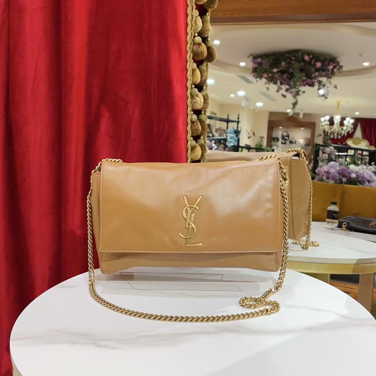 95新 YSL/圣罗兰 GGS双面Kate中号棕色压纹单肩包/77345738