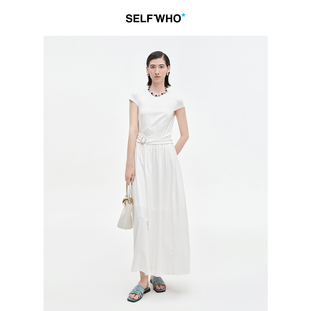 SELFWHO莫代尔棉桑蚕丝混纺盖袖修身连衣裙女2025夏新款收腰裙子