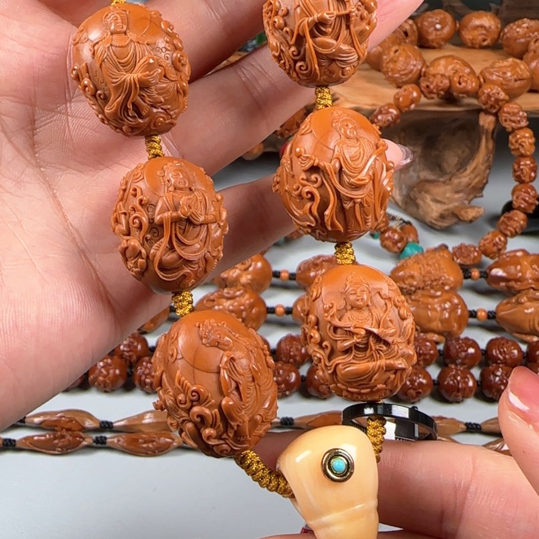 橄榄核手串/手链宽2.4鸡血红水晶核三面观音手串手持