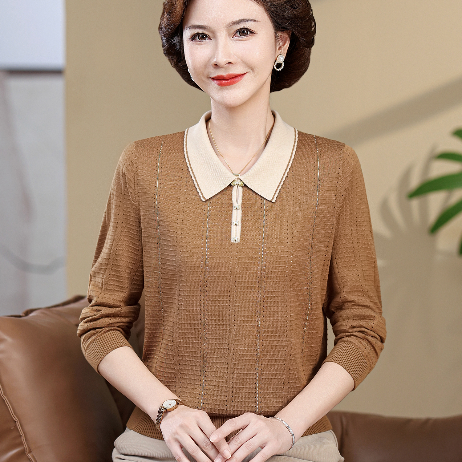 妈妈款洋气高贵小衫秋季长袖阔太太气质针织上衣中老年女春秋打底