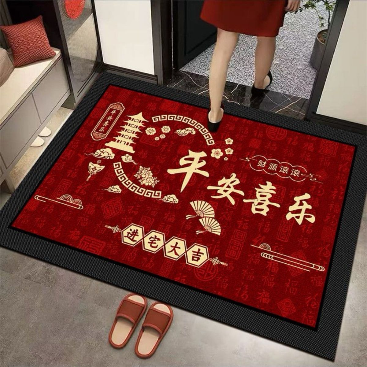 红色喜庆硅藻泥入户门垫进门玄关吸水防滑地垫家用耐脏除尘地毯