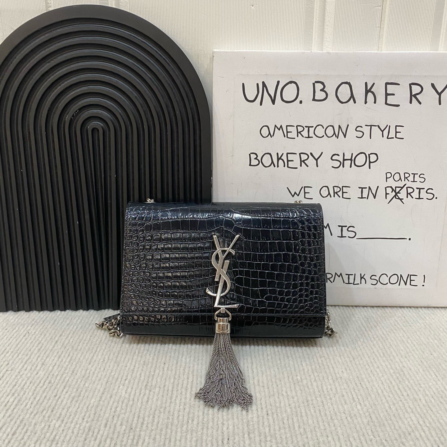 95新 YSL/圣罗兰 黑银压纹流苏Kate小号