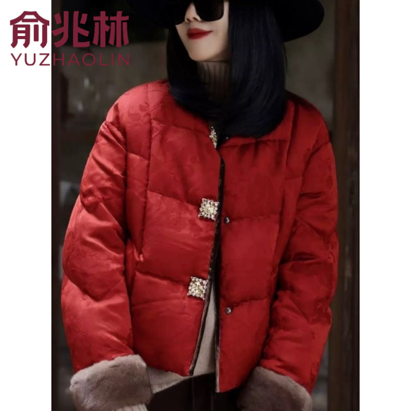 新中式红色棉服外套女秋冬2025新款提花棉衣高级感轻国风唐装棉袄