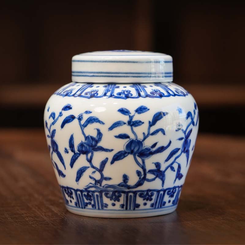 青花桃子茶叶罐高端茶叶罐储物罐高档纯手工复古中式