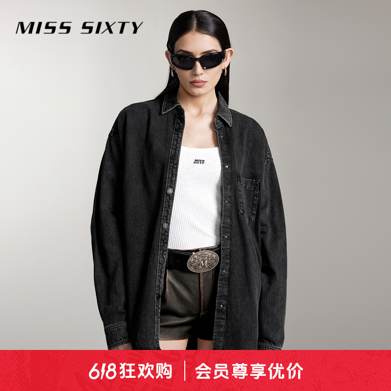 Miss Sixty牛仔衬衫女复古水洗印花宽松长款黑灰色