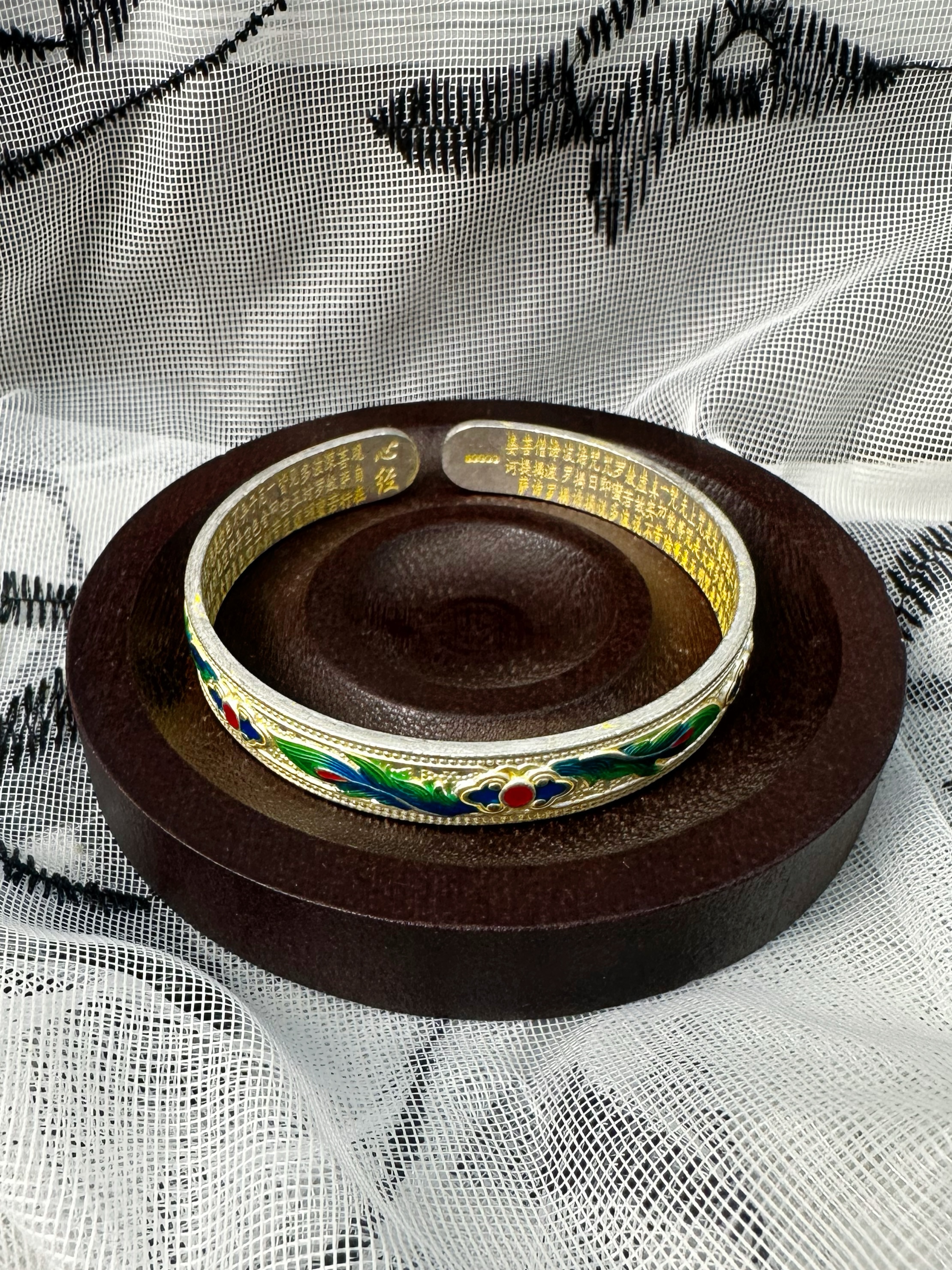 足银手镯 S189 描金色开口凤翎手镯