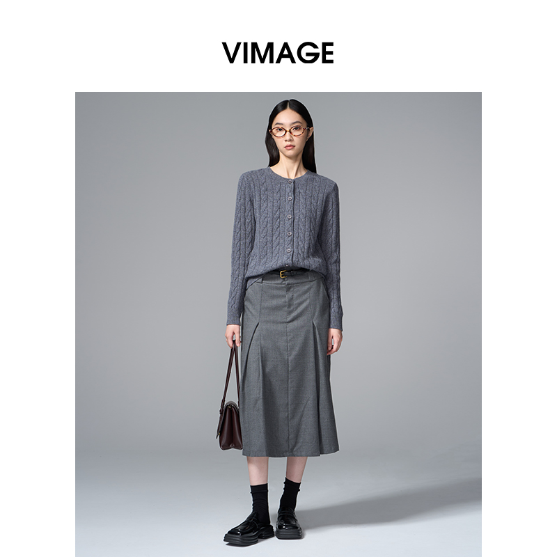 VIMAGE纬漫纪25秋绵羊毛复古多色时尚绞花针织开衫上衣V2401103