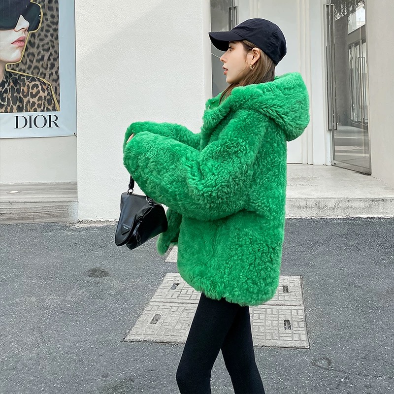 【宁小姐】托斯卡纳连帽双面穿皮毛一体抽绳女款皮草气质外套77173