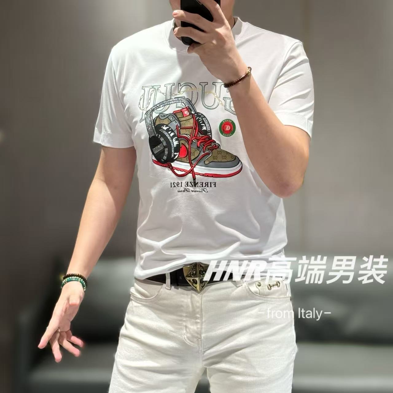 音乐潮流板鞋刺绣提花工艺莫代尔棉混纺新品T恤55166