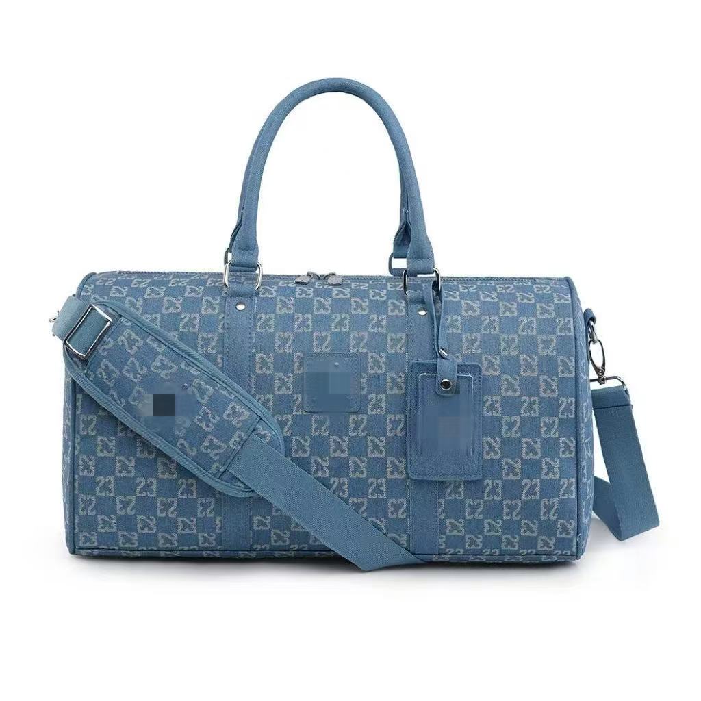 【牛仔蓝】棋盘格老花健身包旅行包双肩男女简约时尚户外运动包