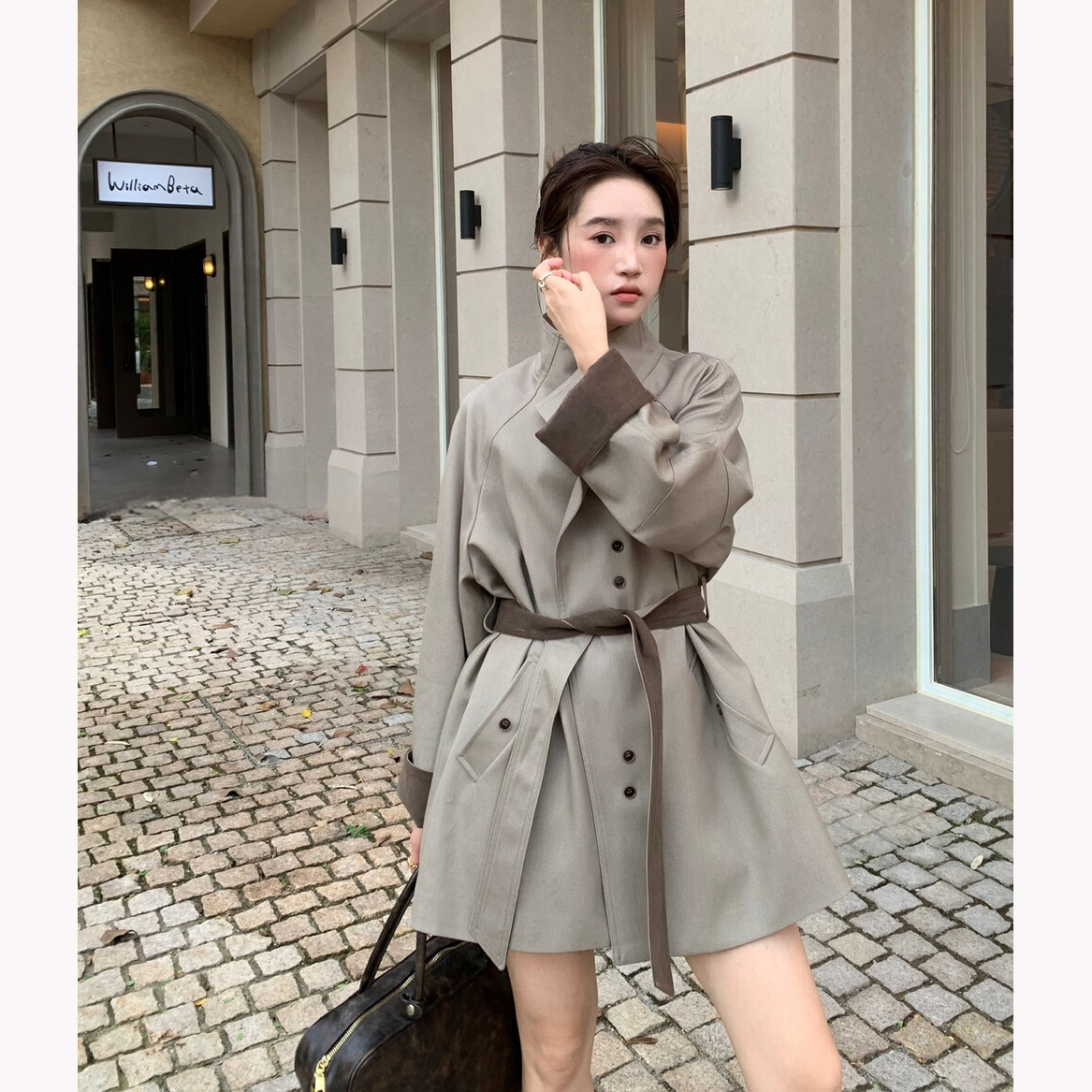 灰色小个子风衣外套女2025春秋新款巨好看英伦风系带短款早秋穿搭