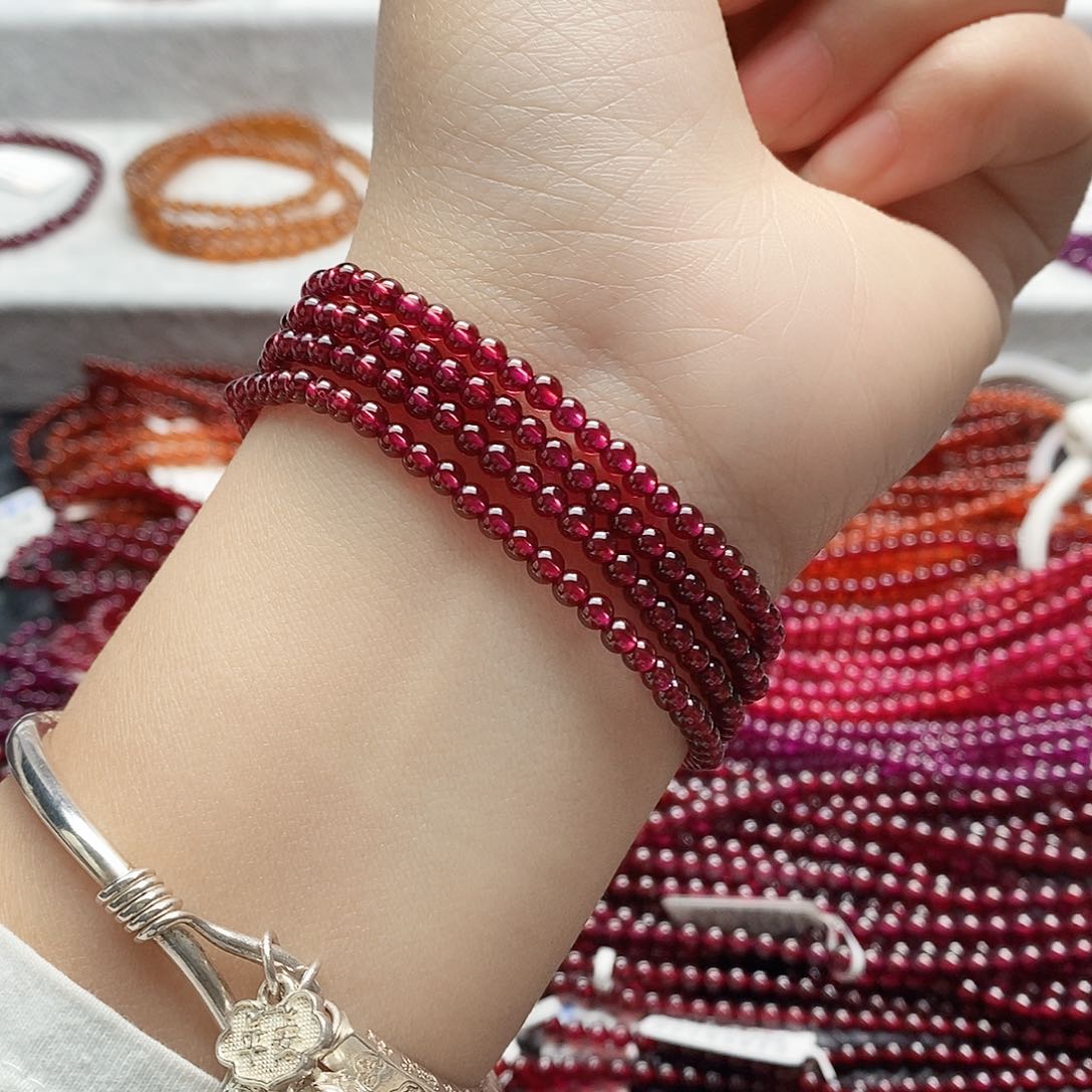 石榴石手链未镶嵌3.5mm玫红四圈