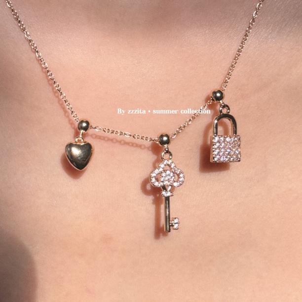 合金合成锆石项链 Key to my heart·心之密钥～闪钻钥匙小锁项链