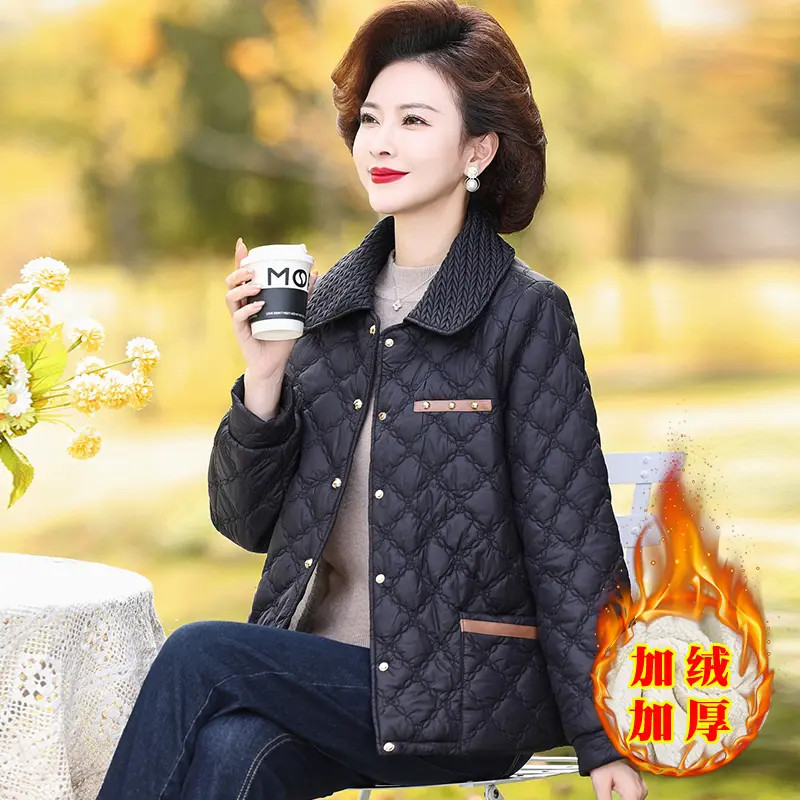 A076妈妈秋冬装夹棉外套洋气2025新款中老年女阔太太加绒加厚短款
