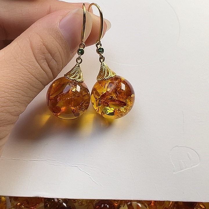 琥珀（花珀）银S925镶嵌耳饰