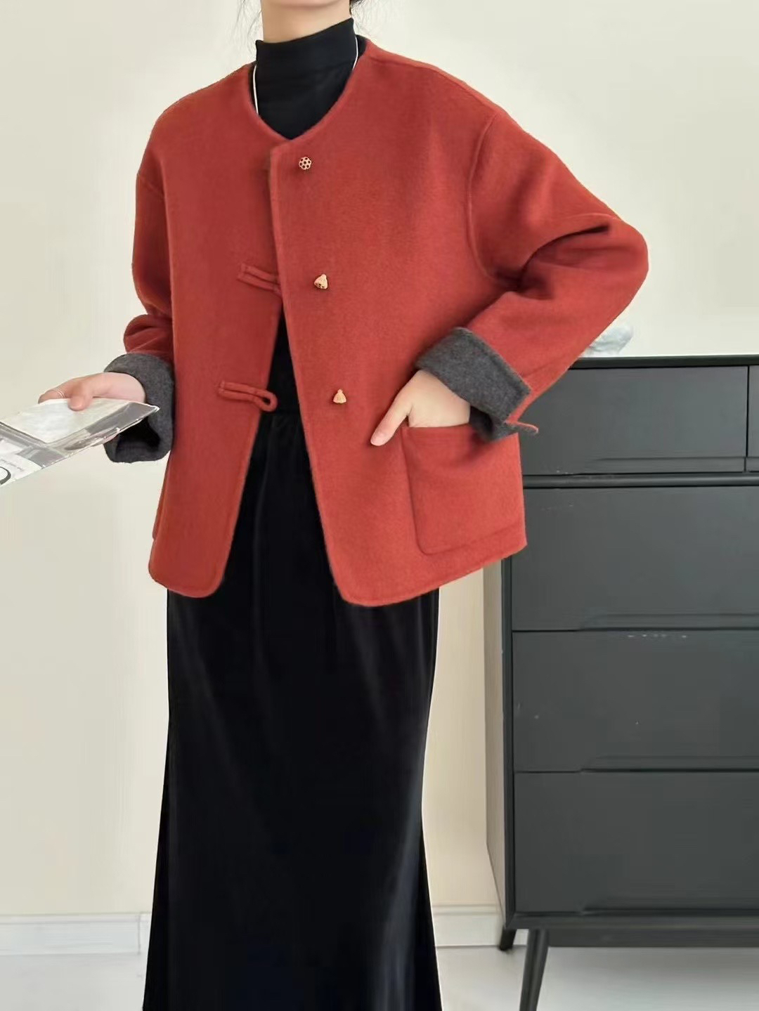 澳洲炒细荃羊毛双面呢大衣88027新中式风 内外撞色毛呢外套