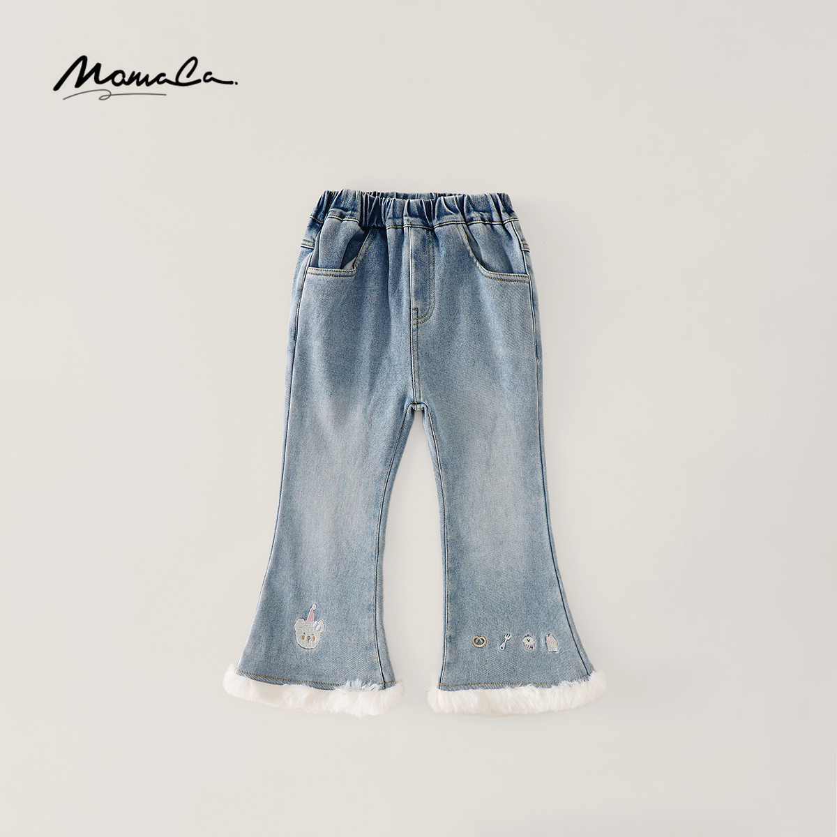 MOMOCO秋冬女童加绒可爱小熊刺绣花边微喇牛仔裤77830350017