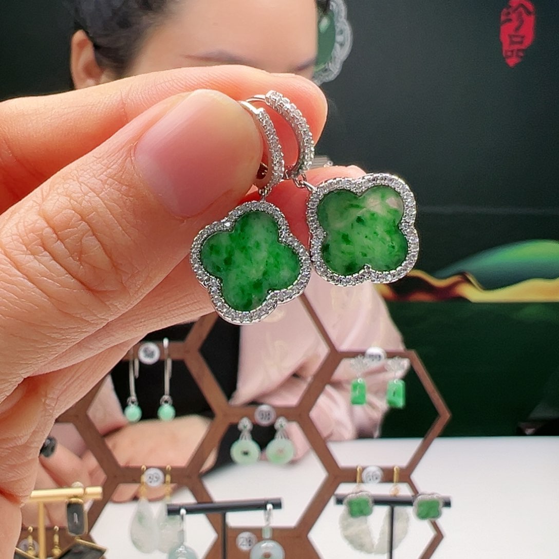 翡翠银S925镶嵌耳饰天然翡翠