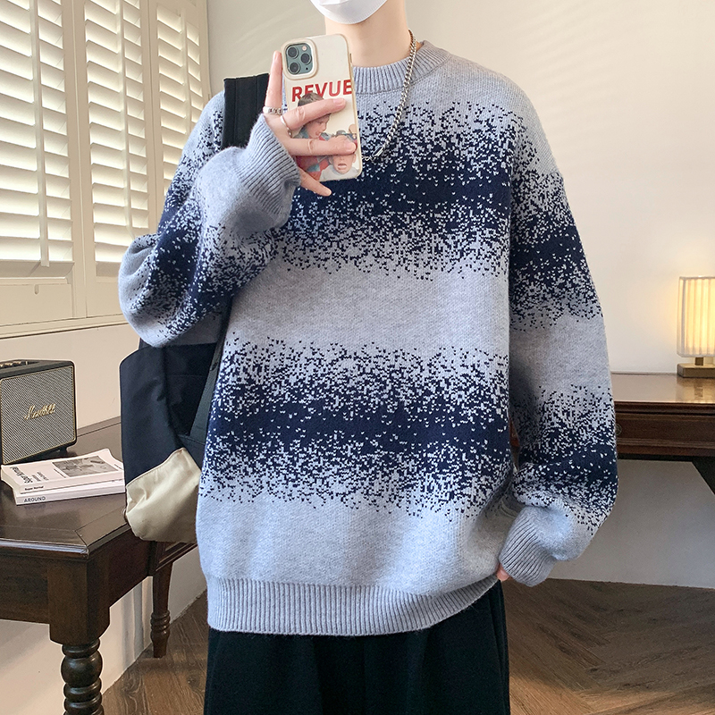 青少年2025新款秋冬季加厚毛衣男士酷帅毛线衣圆领渐变针织衫上衣