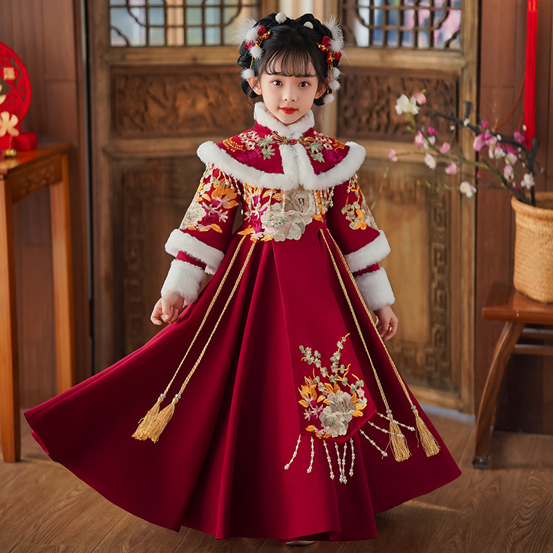女童汉服加绒保暖连衣裙儿童旗袍古风2025新款唐装女宝宝拜年服
