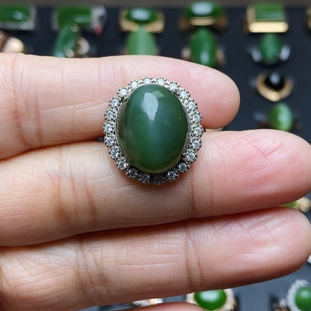 和田玉（碧玉）戒指银S925镶嵌春*