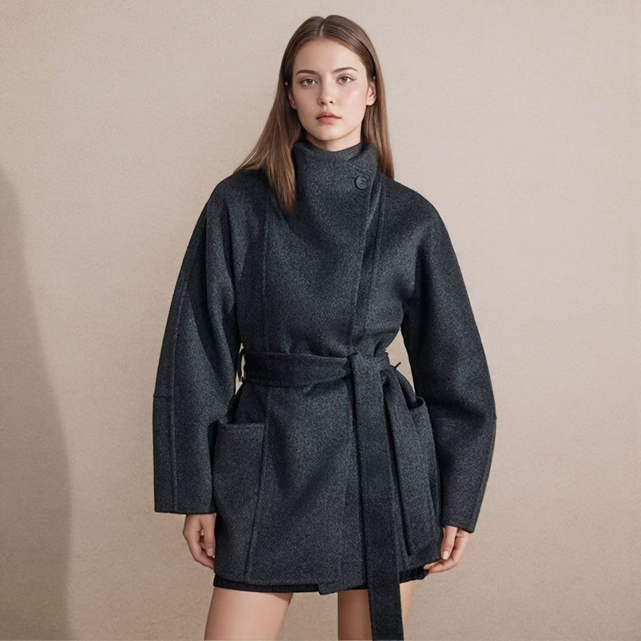 HF女毛呢外套松弛感羊驼毛短款大衣宽松西装百搭双面呢