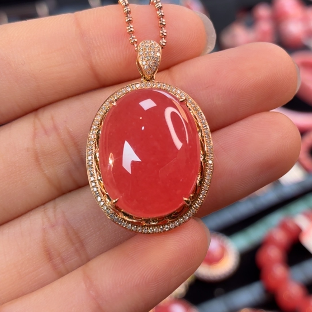 菱锰矿（红纹石）18K金镶嵌吊坠(不含链)