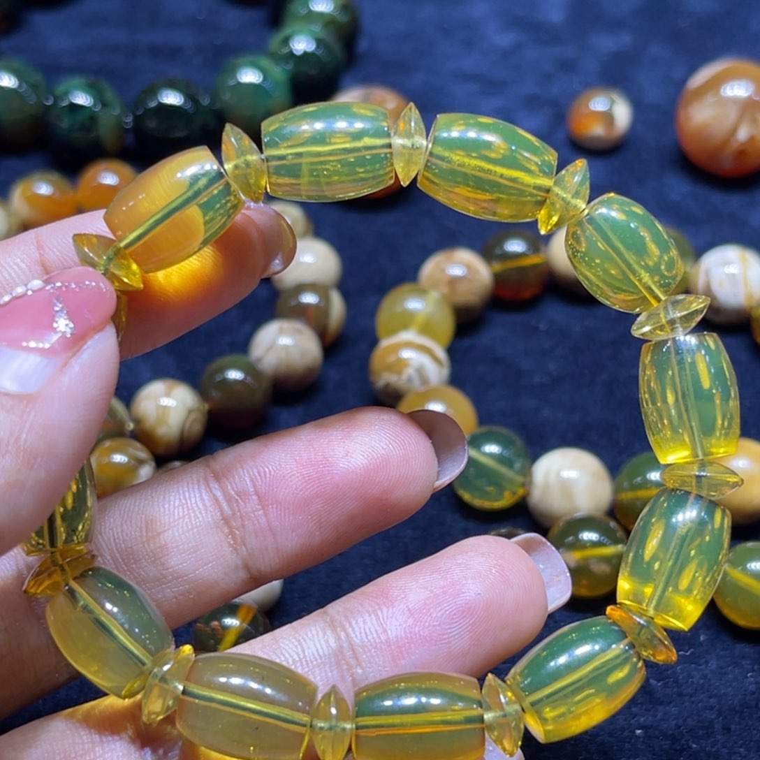 银S925镶嵌琥珀手链桶珠