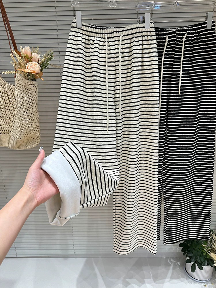 正品松紧腰抽绳条纹糯米裤女秋冬新款韩版垂感直筒阔腿拖地长裤子