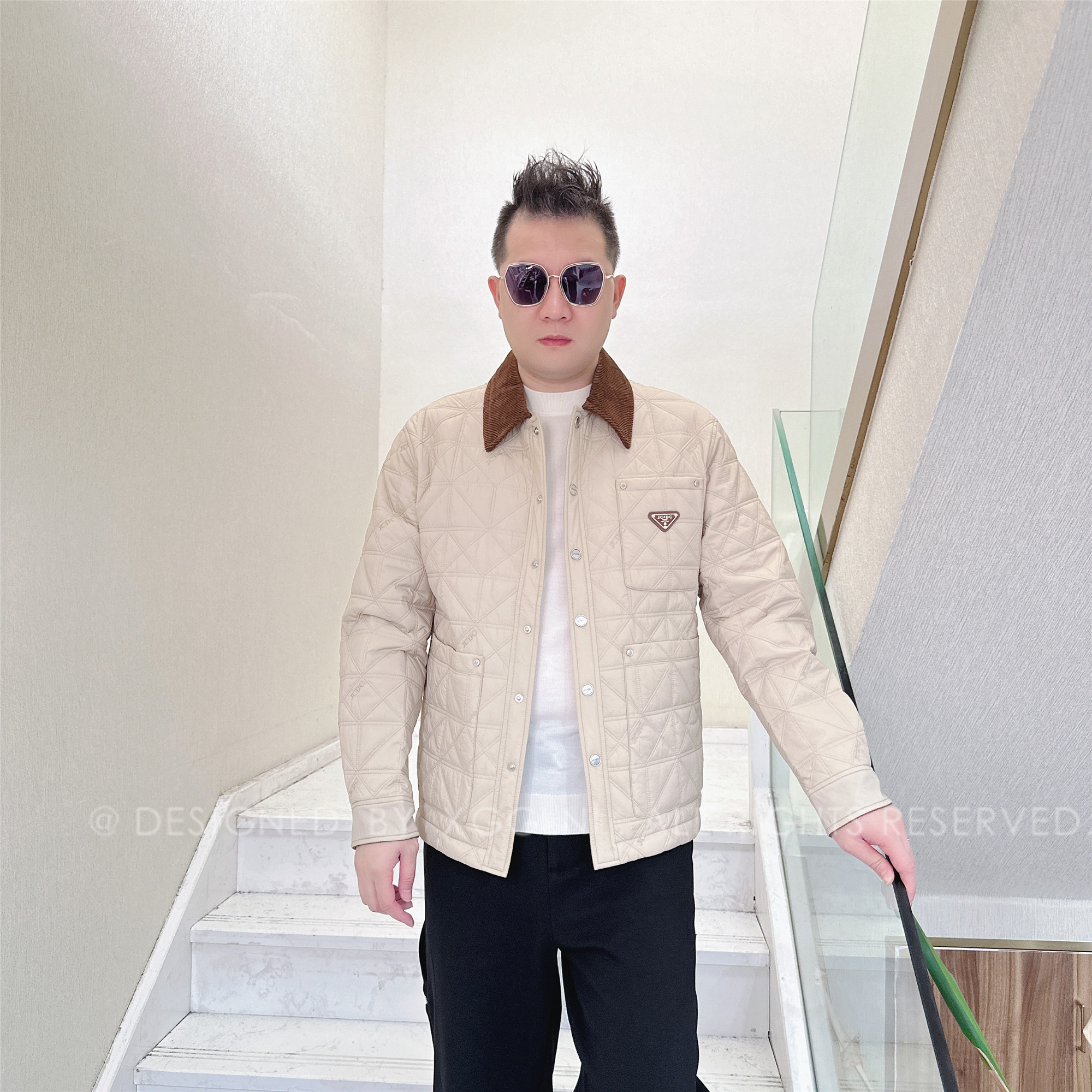 秋冬款JCDC米字格领子拼色轻奢高端男士复古老钱风外套男装夹克