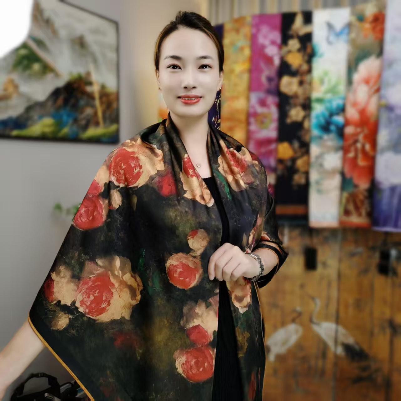 【玫瑰庄园】140珍珠女士高档丝巾送人新款百搭丝巾方巾秋冬大方