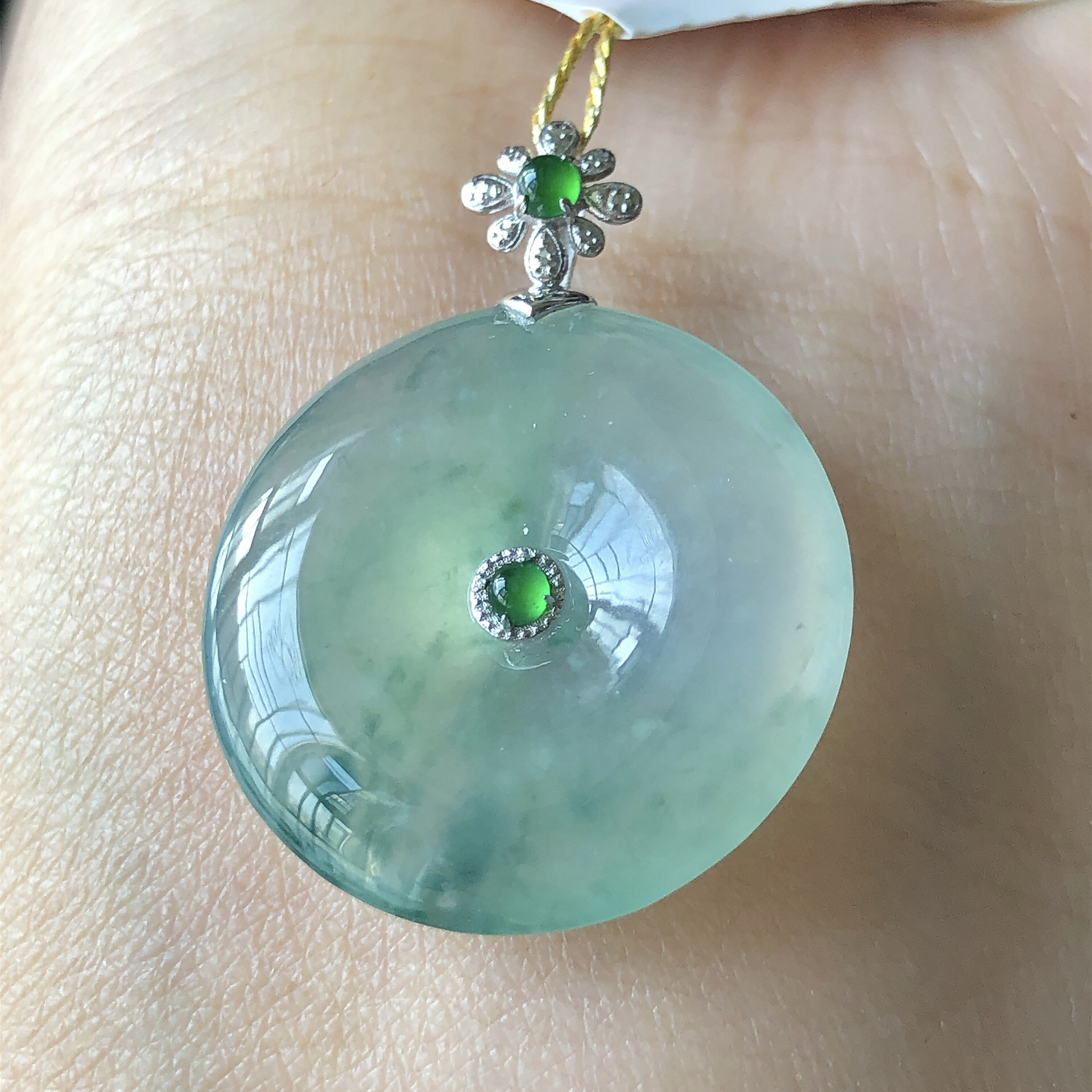 缅甸天然A货翡翠18k金镶嵌老坑冰种飘花平安扣吊坠27.6/21/4.4