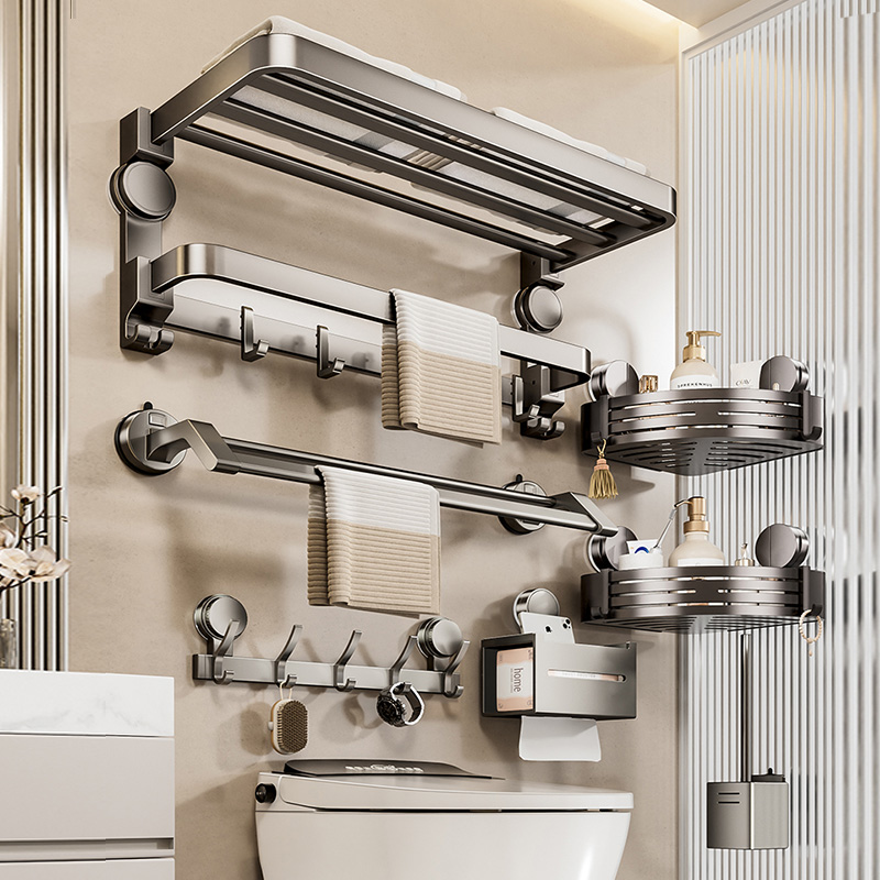  吸盘毛巾架卫生间免打孔浴巾架挂架套件架子厕所洗澡间置物套装