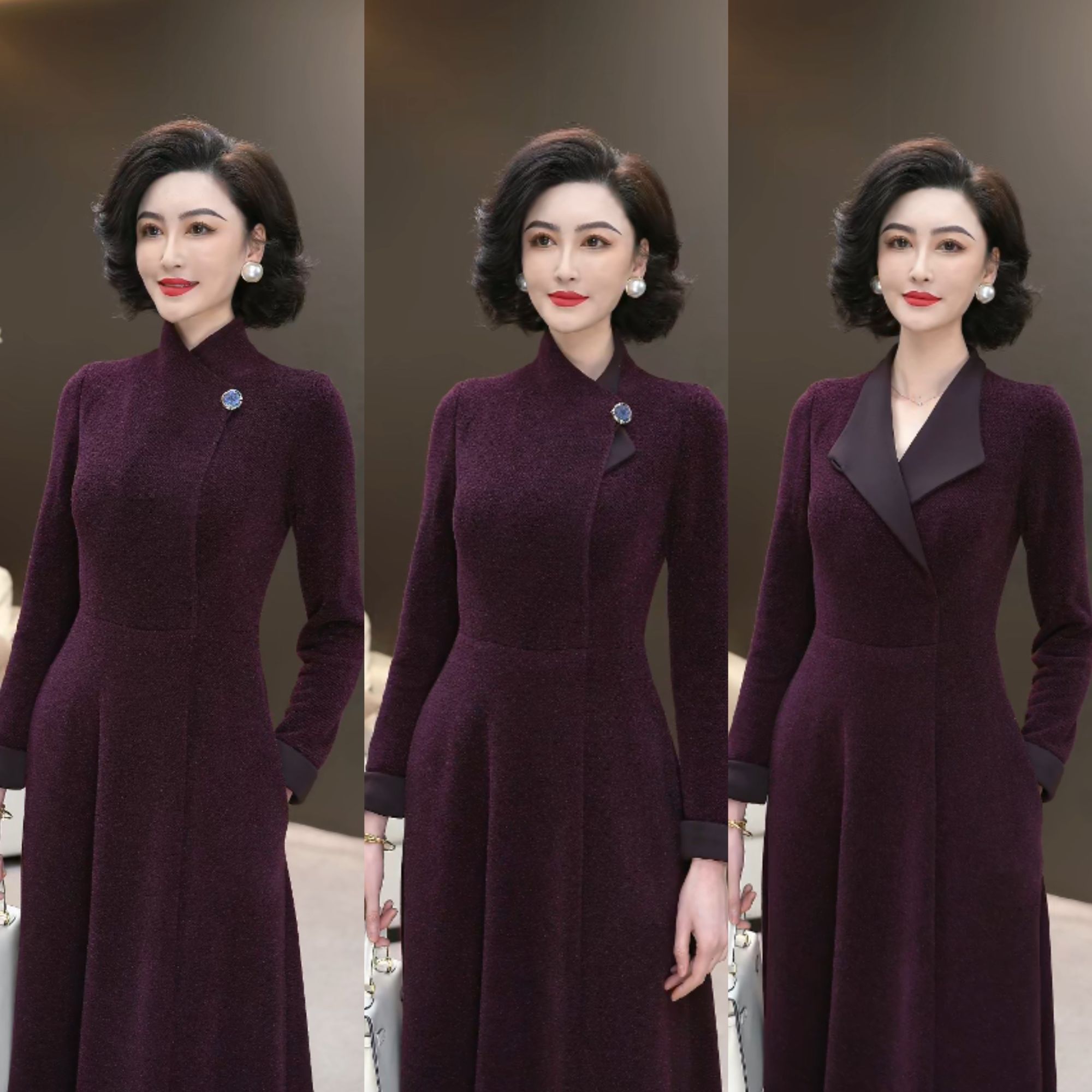 2025冬季高奢绛紫星空钻石绒梭织呢松软弹暖加厚长款连衣裙WF3336