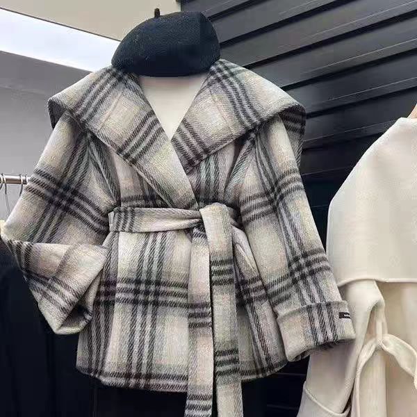 新款韩系小香风收腰呢子大衣高级感名媛气质格纹外套