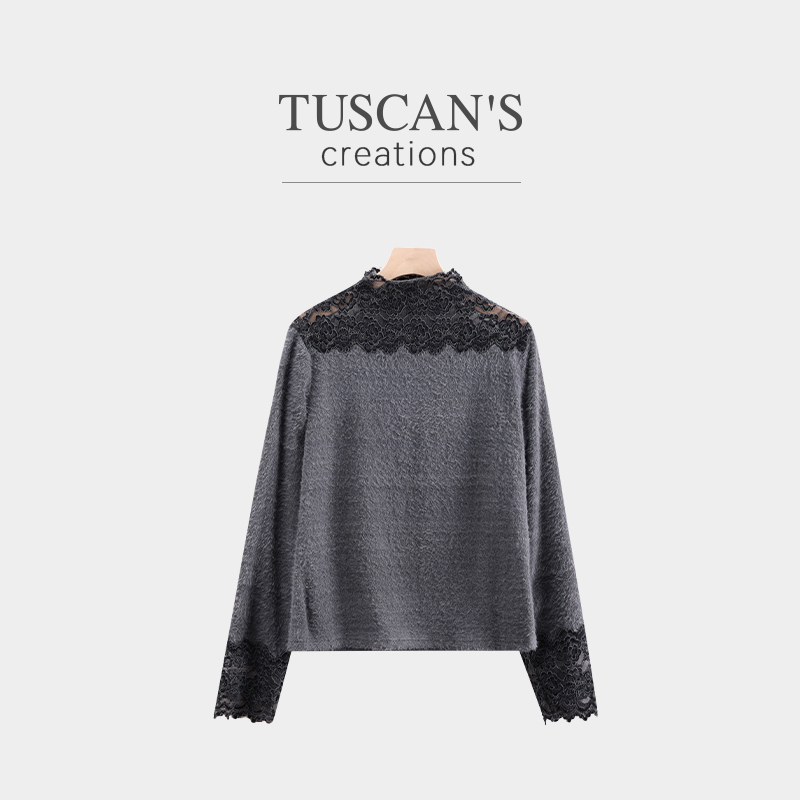TUSCAN'S CREATIONS半高领秋冬蕾丝百搭气质女长袖T恤双鱼女装