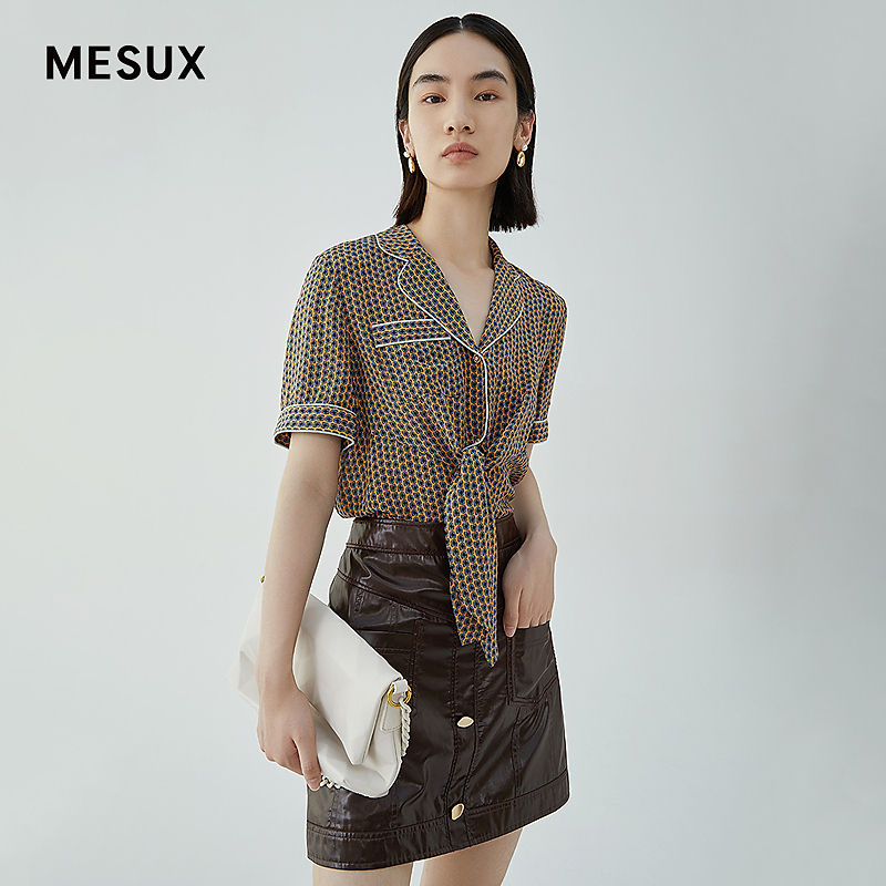 【籽言专享】米岫轻熟风真丝双绉撞色印花睡衣式打结短袖上衣