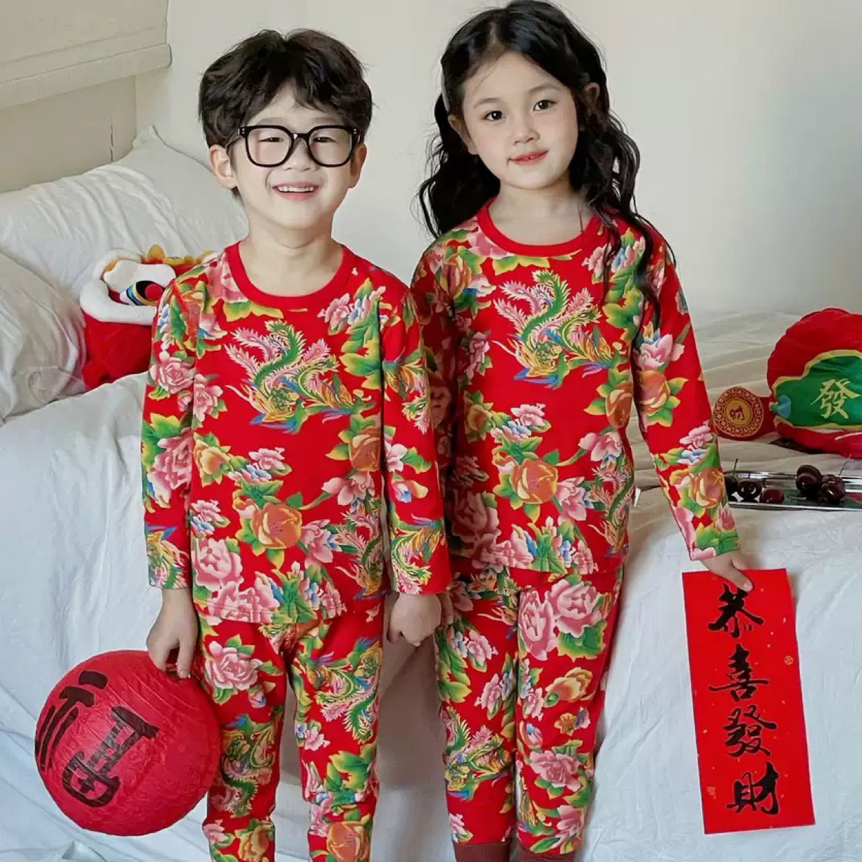 【新年款】儿童新年红色秋衣裤套装男女童内衣套装本命年无骨家居服